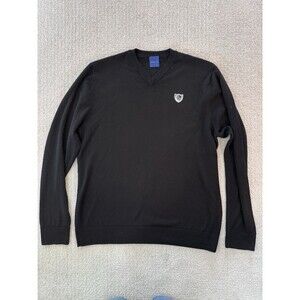 Dunning Men’s V-Neck Merino Wool Black Sweater Logo Golf Sz Large Preppy Classic